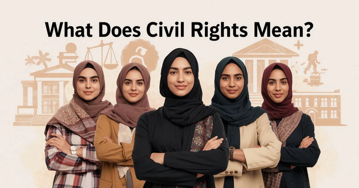 Civil rights meaning illustration with equality and justice symbols