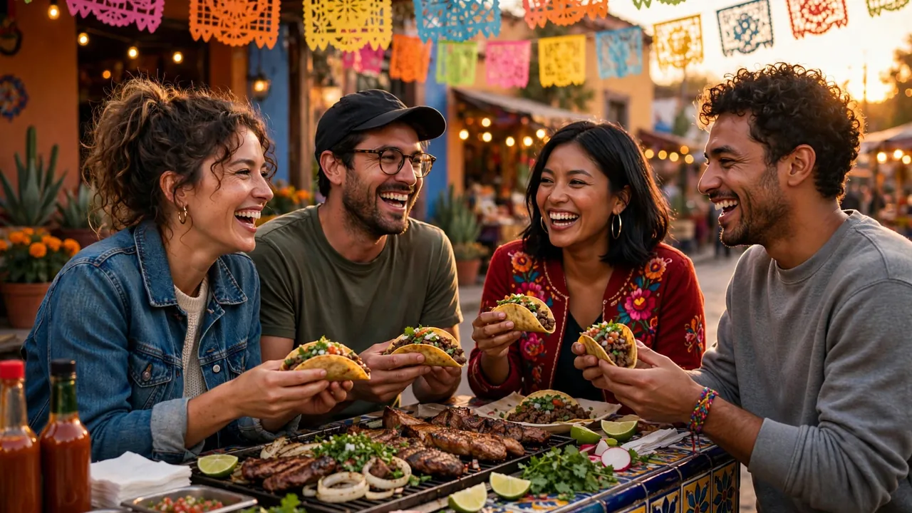 Friends sharing tacos at Mexican food stall - cabron meaning in Spanish slang