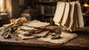 Antique documents and pocket watch on wooden desk, historical dates concept