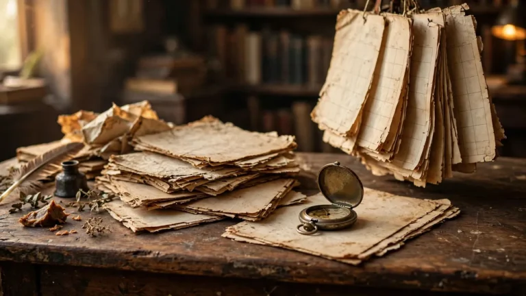 Antique documents and pocket watch on wooden desk, historical dates concept