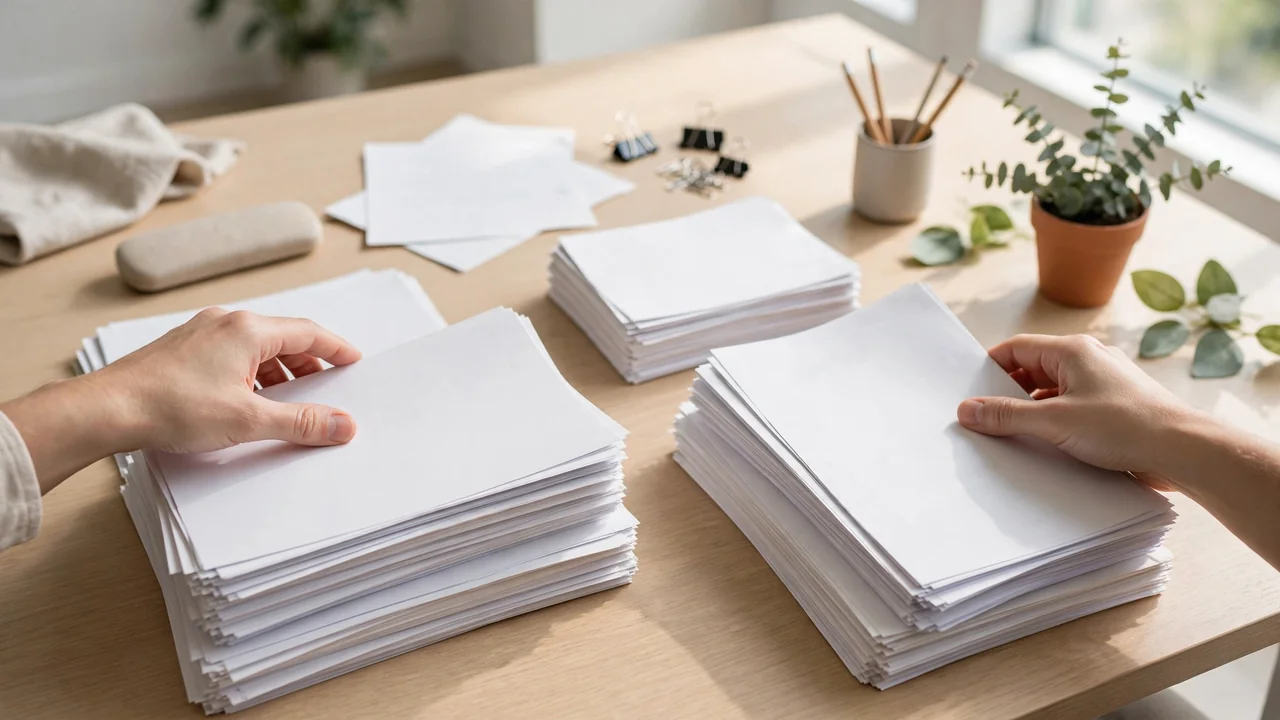 Hands organizing paper documents neatly - collate meaning explained
