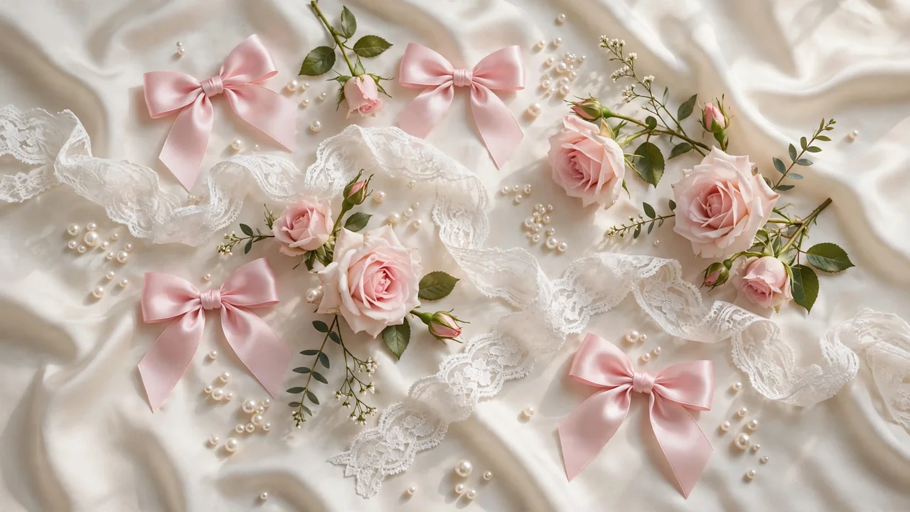Pink bows lace and roses flat lay - coquette aesthetic meaning