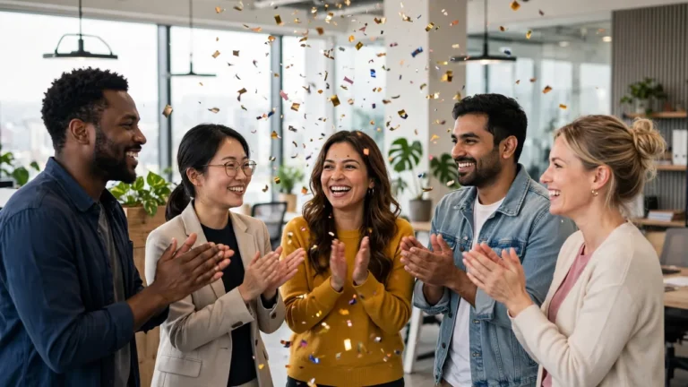 Office team applauding and celebrating a colleague's achievement