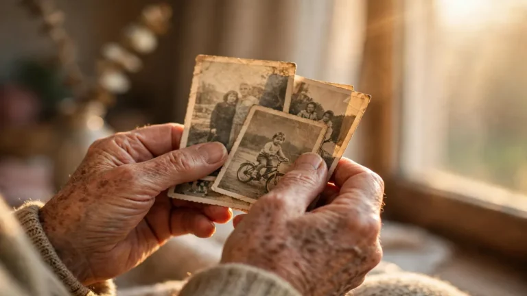 Elderly hands holding old faded photographs in warm light
