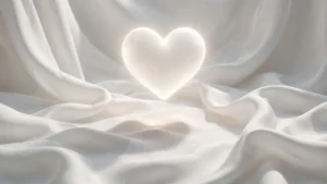Glowing white heart shape on soft white silk fabric
