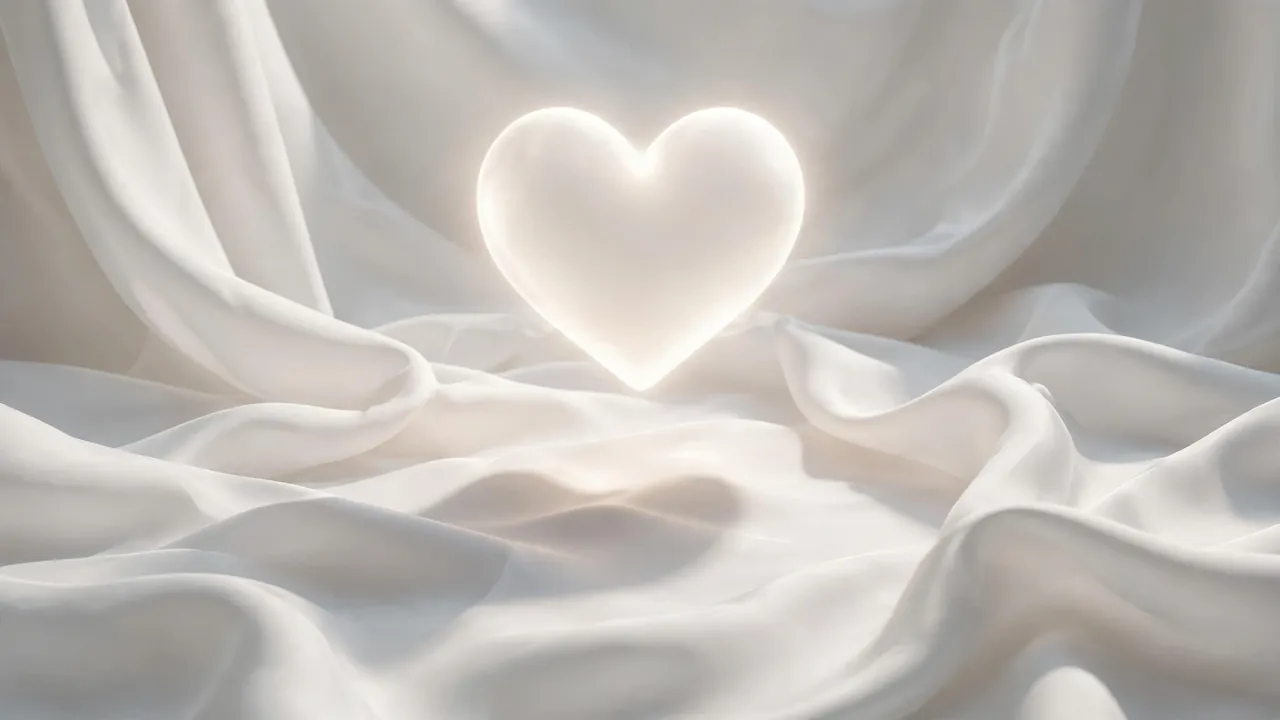 Glowing white heart shape on soft white silk fabric
