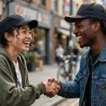 Two young friends greeting each other with a handshake on a city street