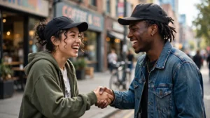 Two young friends greeting each other with a handshake on a city street