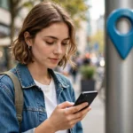 Young woman checking smartphone while waiting at city meeting point