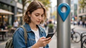 Young woman checking smartphone while waiting at city meeting point